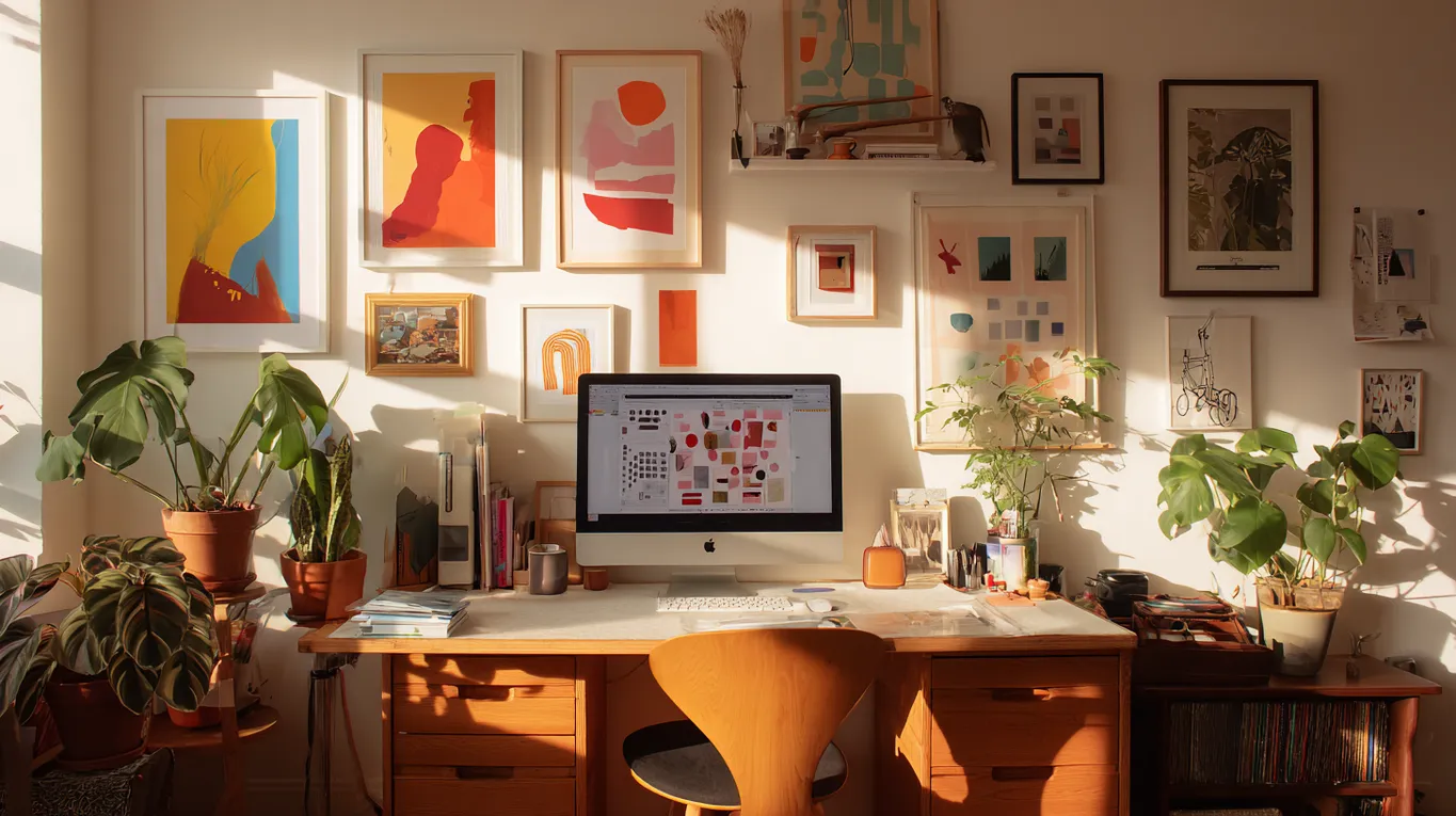 Emily sitting at a desk with a warm cup of coffee